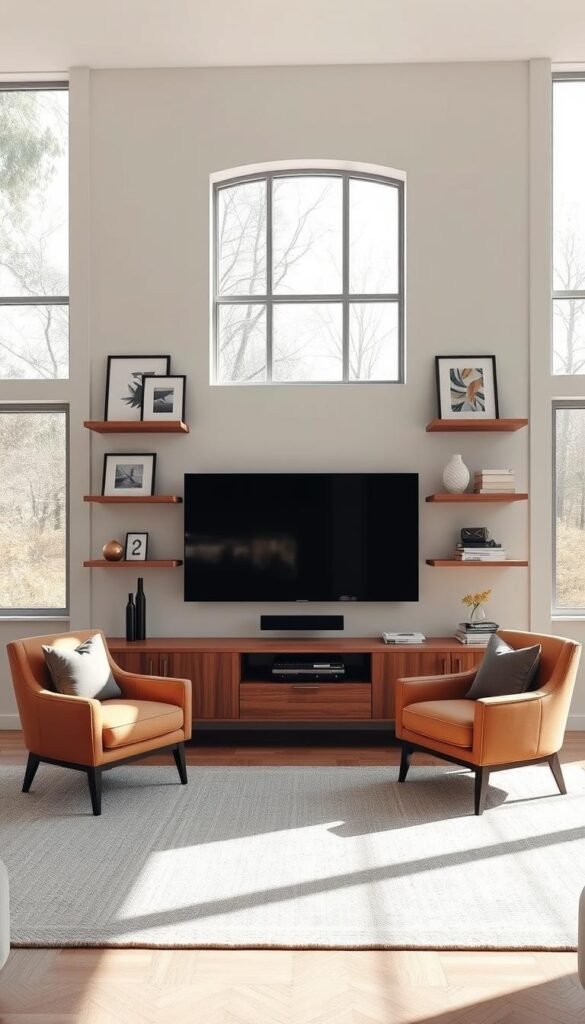 A cozy, well-balanced living room with a minimalist TV wall display. Soft, natural lighting filters through large windows, casting a warm glow over the space. Floating shelves flank the TV, adorned with artful decor that complements the neutral color palette. A mix of textures, from the smooth wood to the plush, neutral-toned rug, creates visual interest. Accent chairs in a complementary hue sit in perfect symmetry, inviting relaxation. The overall impression is one of serenity and effortless harmony, a space designed to turn the TV wall into a focal point of refined, balanced style.