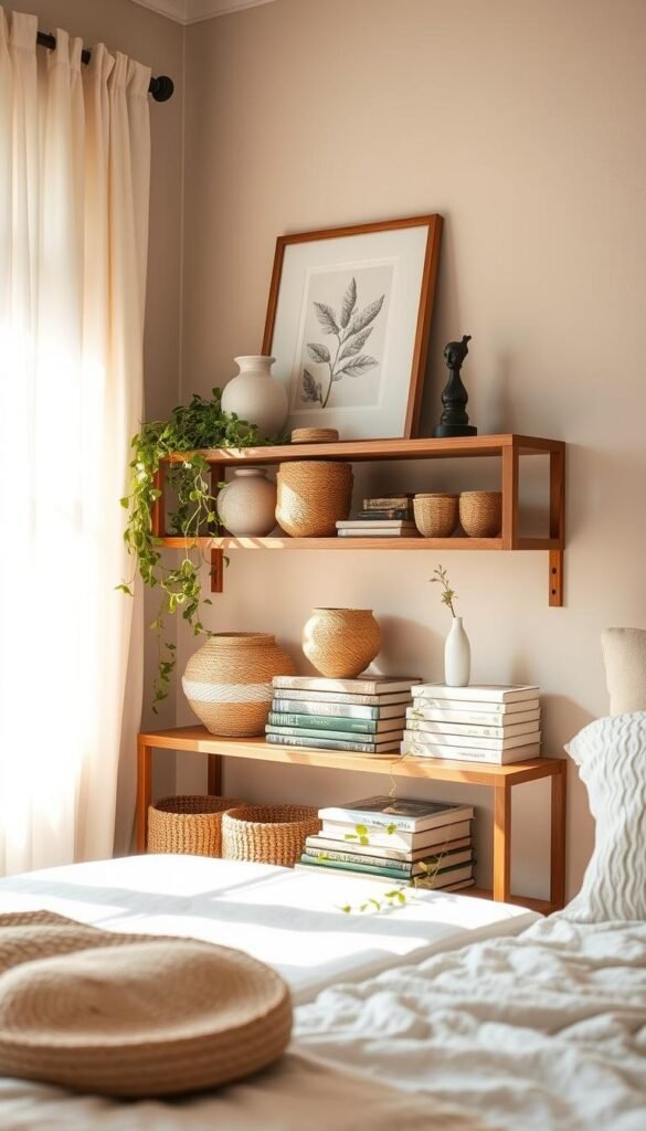 A cozy, well-curated bedroom shelf in a sun-drenched room. Soft, natural lighting filters through sheer curtains, casting a warm glow on the thoughtfully arranged decor. In the foreground, a mix of textured ceramics, woven baskets, and a stack of vintage books create visual interest. Trailing plants cascade over the edge, adding a touch of greenery. In the middle ground, framed artwork and a small sculpture sit atop the wooden shelves, reflecting the owner's personal style. The background features neutral-toned walls, enhancing the serene, inviting atmosphere. The overall scene exudes a sense of harmony, comfort, and inspirational tranquility.