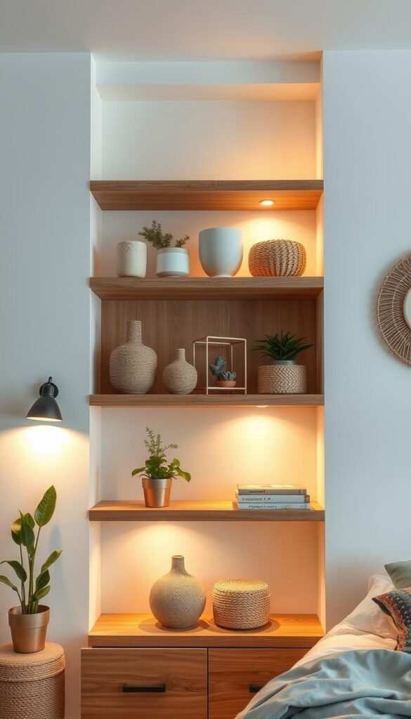 A cozy, well-curated color palette for a set of modern wooden shelves, featuring a harmonious blend of natural earthy tones and soft pastel hues. The shelves are illuminated by warm, gentle lighting, casting a inviting glow and creating a sense of depth and dimension. Carefully selected decor items, such as ceramic vases, woven baskets, and potted plants, are arranged to complement the color scheme and add a touch of organic elegance. The overall scene conveys a welcoming, serene atmosphere, perfect for showcasing a thoughtfully styled bedroom.