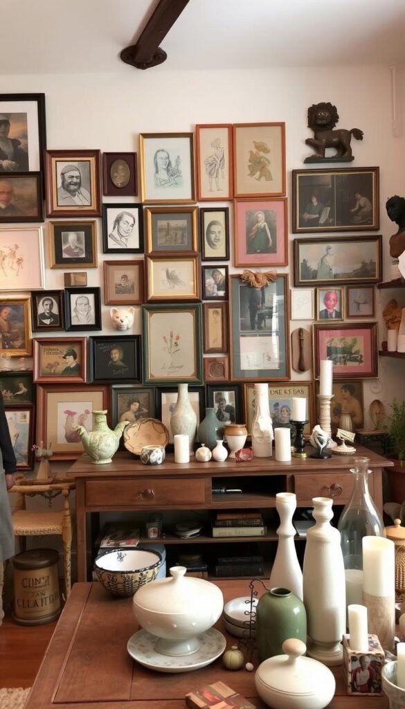 A cozy, well-curated space filled with an eclectic mix of personal art and accessories. In the foreground, a collection of framed paintings, sketches, and photographs adorn the walls, reflecting the homeowner's unique artistic sensibilities. Interspersed are whimsical ceramic sculptures and handcrafted trinkets, adding pops of color and texture. In the middle ground, a reclaimed wood console table displays an assortment of vases, candles, and decorative objects, each with its own story. The lighting is soft and warm, creating a inviting ambiance. The overall atmosphere is one of lived-in comfort and individuality, seamlessly blending the rustic and the contemporary.