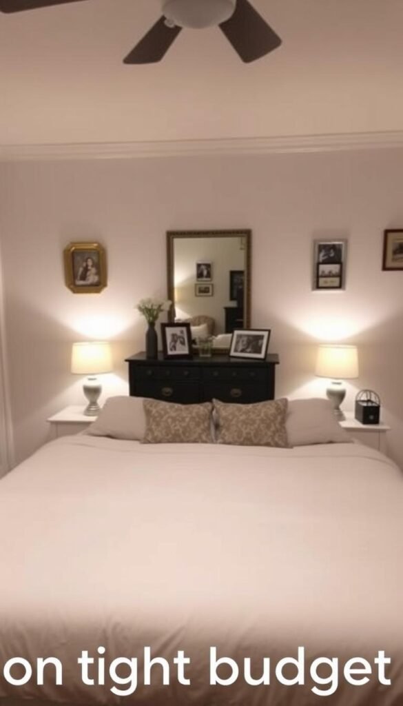 A cozy, well-decorated bedroom with a warm, inviting atmosphere on a tight budget. In the foreground, a neatly made bed with plush bedding and a few decorative pillows. On the side tables, simple lamps and a vase of fresh flowers. In the middle ground, a dresser with a few framed photos and a mirror above it. The walls are adorned with a few pieces of inexpensive wall art, creating a sense of coziness. The lighting is soft and ambient, creating a calming mood. The overall scene conveys a sense of comfort and personality, despite the limited budget.