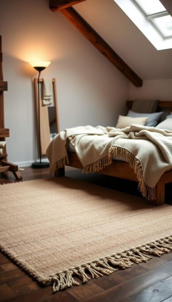 A cozy, well-lit bedroom featuring a lush, natural fiber area rug in a neutral tone, complemented by matching throw blankets draped across a rustic wooden bed frame. The rug has a slightly textured, woven appearance, adding depth and visual interest to the space. Soft, diffused lighting from a floor lamp casts a warm, inviting glow, enhancing the natural, earthy ambiance. The overall scene evokes a sense of comfort and relaxation, perfectly capturing the essence of the "Incorporate Natural Fiber Rugs and Throws" section.