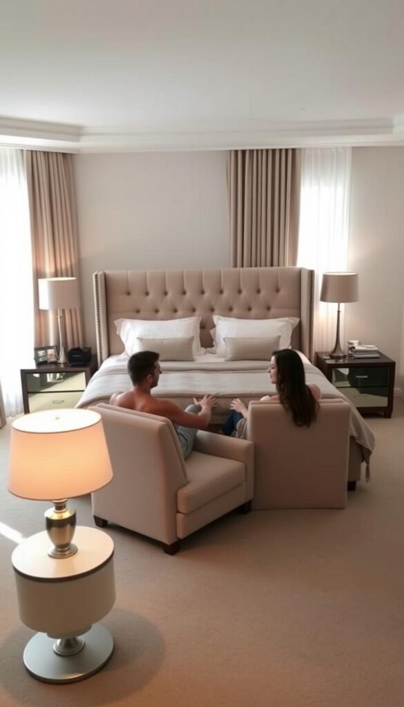 A cozy, well-lit bedroom featuring a plush king-sized bed with a tufted headboard and matching nightstands. Soft, neutral-toned bedding and pillows create a serene ambiance. Flanking the bed are two contemporary floor lamps that cast a warm, inviting glow. In the corner, a comfortable loveseat and a small side table provide an intimate seating area for the couple. Neutral-toned curtains frame the large windows, allowing natural light to filter in. The overall mood is one of comfort, sophistication, and shared intimacy.