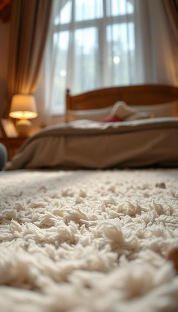 A cozy, well-lit bedroom setting with a plush, tactile rug in the foreground. The rug material is prominently featured, showcasing a luxurious, soft-to-the-touch texture, perhaps a high-quality wool or shag. The lighting is warm and inviting, creating a peaceful and relaxing atmosphere. The rug is positioned in the center of the frame, allowing the viewer to focus on the material selection and its impact on the overall bedroom ambiance. The background is slightly blurred, maintaining the rug as the primary subject while hinting at the surrounding decor elements, such as a wooden bed frame or nightstands, to convey the bedroom setting.