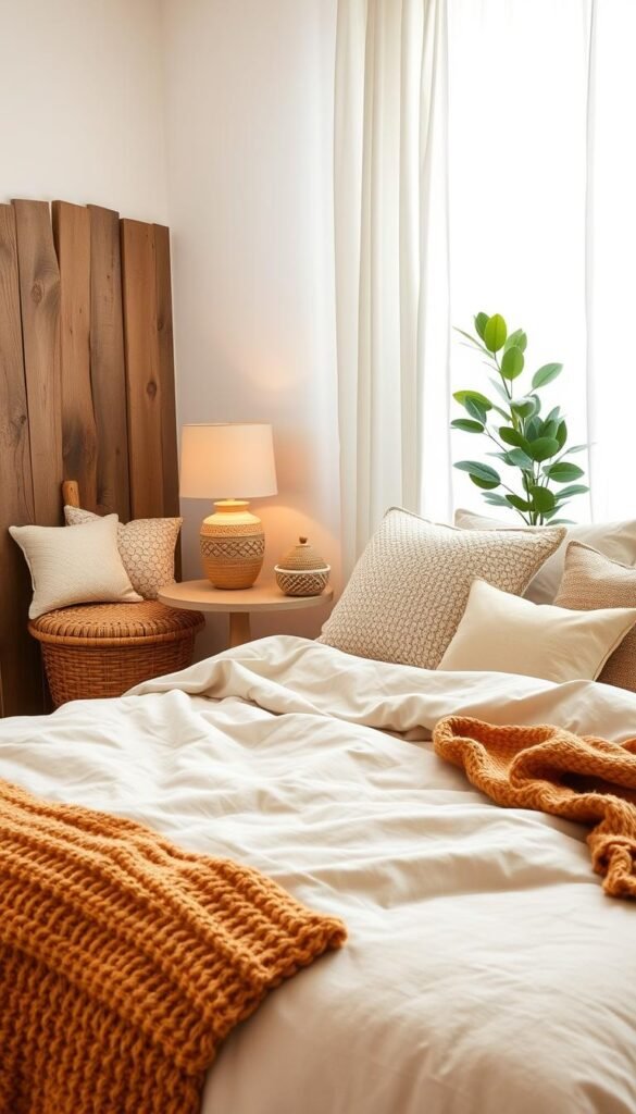 A cozy, well-lit bedroom showcasing a harmonious blend of natural textiles and earthy materials. In the foreground, a plush, beige linen duvet covers the bed, complemented by a chunky knit throw blanket in a warm, earthy tone. Scattered across the bed are accent pillows in organic patterns and textures, such as woven jute, smooth bamboo, and soft cotton. The middle ground features a woven rattan or wicker side table, topped with a lush potted plant and a handcrafted ceramic lamp, casting a gentle, ambient glow. In the background, the walls are adorned with rustic, wooden wall panels, adding depth and a sense of grounded serenity to the space. Soft, natural lighting filters in through sheer, linen curtains, creating a cozy, inviting atmosphere. A cozy, well-lit bedroom showcasing a harmonious blend of natural textiles and earthy materials. In the foreground, a plush, beige linen duvet covers the bed, complemented by a chunky knit throw blanket in a warm, earthy tone. Scattered across the bed are accent pillows in organic patterns and textures, such as woven jute, smooth bamboo, and soft cotton. The middle ground features a woven rattan or wicker side table, topped with a lush potted plant and a handcrafted ceramic lamp, casting a gentle, ambient glow. In the background, the walls are adorned with rustic, wooden wall panels, adding depth and a sense of grounded serenity to the space. Soft, natural lighting filters in through sheer, linen curtains, creating a cozy, inviting atmosphere.
