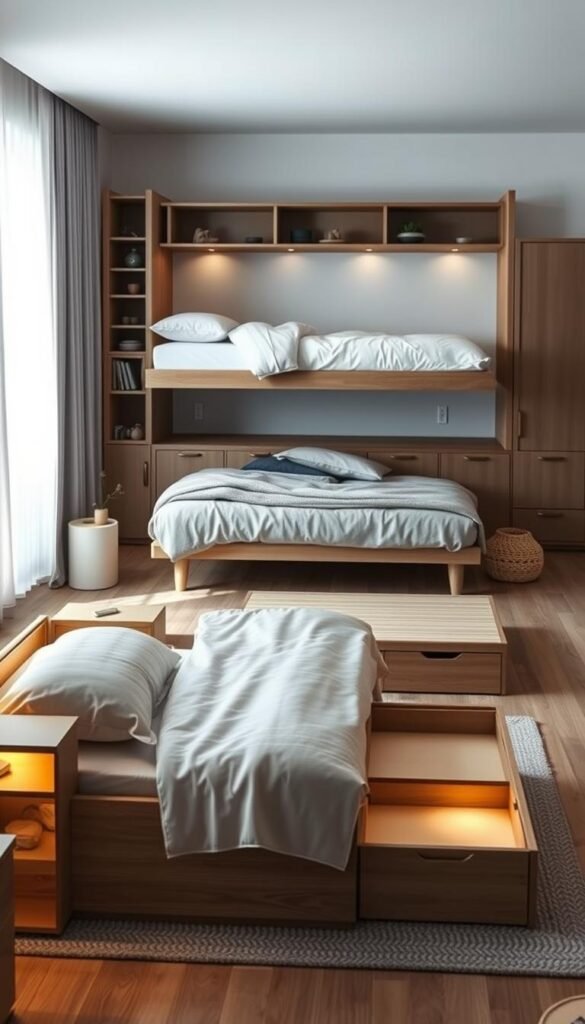 A cozy, well-lit bedroom showcasing innovative space-saving bed solutions. In the foreground, a modular, convertible bed frame with built-in storage compartments and side tables. The bed's headboard seamlessly integrates shelving and lighting, optimizing vertical space. In the middle ground, a sleek, multifunctional platform bed with hidden drawers, providing ample hidden storage. The background features a minimalist, Scandinavian-inspired room decor, with neutral tones and natural materials, creating a calming, uncluttered atmosphere. Soft, warm lighting accentuates the clean, efficient design of the space-saving beds, highlighting their practical yet elegant solutions for small bedrooms.