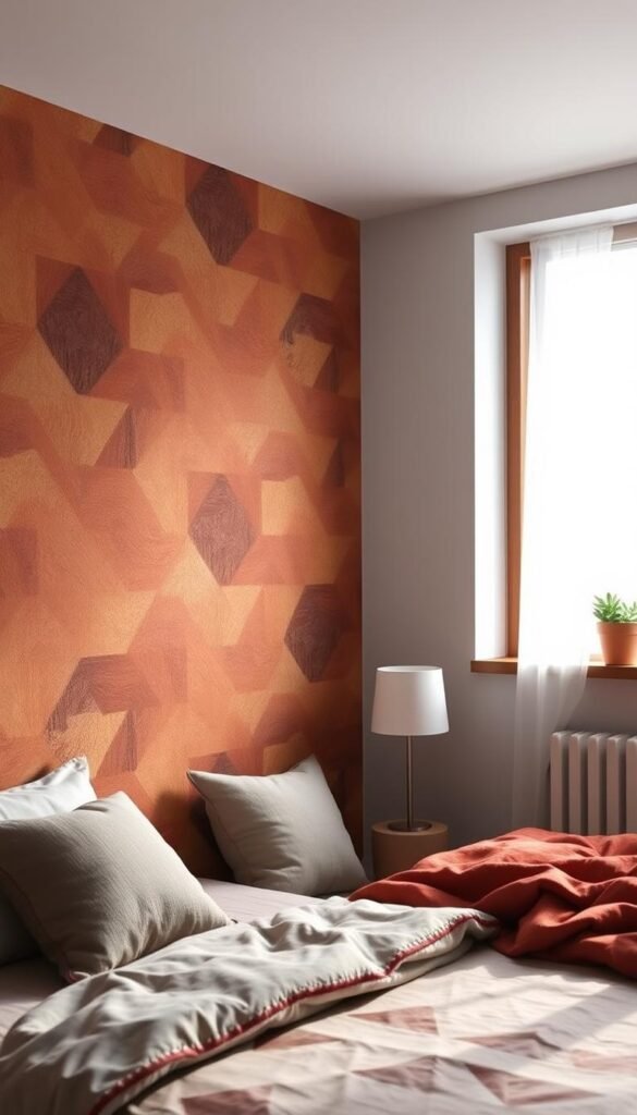 A cozy, well-lit bedroom with a captivating accent wall design. The wall features a striking geometric pattern in shades of warm beige, terracotta, and deep burgundy, creating a harmonious and inviting atmosphere. The lighting is soft and diffused, casting a gentle glow that highlights the textural elements of the wall. The room has a minimal yet sophisticated aesthetic, with subtle furnishings and decor that complement the accent wall. The overall composition conveys a sense of tranquility and relaxation, perfect for a serene and rejuvenating bedroom space.