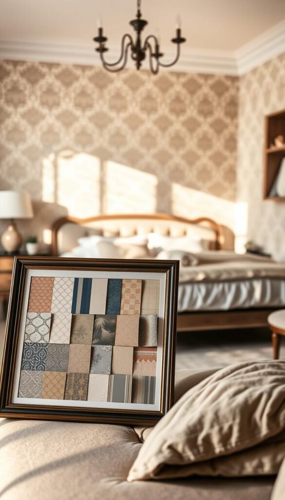 A cozy, well-lit bedroom with a focus on a beautifully curated wallpaper guide. The foreground features an elegant, framed wallpaper sample display showcasing a variety of patterns, textures, and colors. The middle ground shows a tasteful bedroom setting with a plush bed, nightstands, and other furniture to provide context. The background is a softly blurred, sun-dappled wall, hinting at the warm, inviting atmosphere. The lighting is soft and natural, creating a serene, inspirational mood. The composition is balanced and visually appealing, drawing the viewer's attention to the wallpaper guide as the central element.