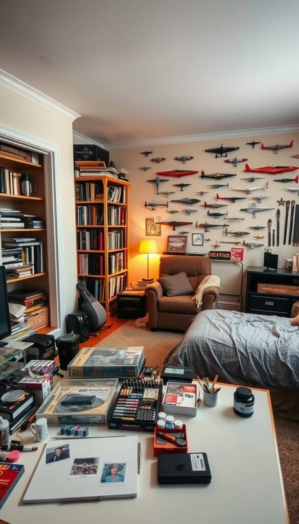 A cozy, well-lit bedroom with a focus on the occupant's hobbies. In the foreground, a neatly organized desk displays an array of model kits, paints, and art supplies. The middle ground features a comfortable reading nook with a plush armchair and a bookshelf filled with volumes on the subject. The background showcases the occupant's passion, such as a large wall-mounted display of model airplanes or a collection of instruments. Soft, warm lighting casts a welcoming glow, and the color palette is muted and inviting, reflecting the relaxing, creative atmosphere. A cozy, well-lit bedroom with a focus on the occupant's hobbies. In the foreground, a neatly organized desk displays an array of model kits, paints, and art supplies. The middle ground features a comfortable reading nook with a plush armchair and a bookshelf filled with volumes on the subject. The background showcases the occupant's passion, such as a large wall-mounted display of model airplanes or a collection of instruments. Soft, warm lighting casts a welcoming glow, and the color palette is muted and inviting, reflecting the relaxing, creative atmosphere.