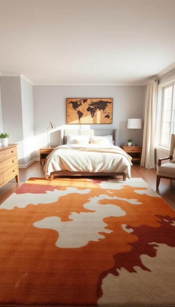 A cozy, well-lit bedroom with a large, statement area rug in the center. The rug features a bold, abstract pattern in rich, warm tones that anchor the space. Soft, textured bedding in muted shades complement the rug, creating a harmonious and inviting atmosphere. Wooden furniture, including a dresser and nightstands, add natural accents, while a floor lamp casts a gentle glow across the room. The space is bathed in natural light from a large window, highlighting the interplay of textures and tones. Overall, the scene conveys a sense of comfort and personality, showcasing how a statement area rug can define and elevate a bedroom space.
