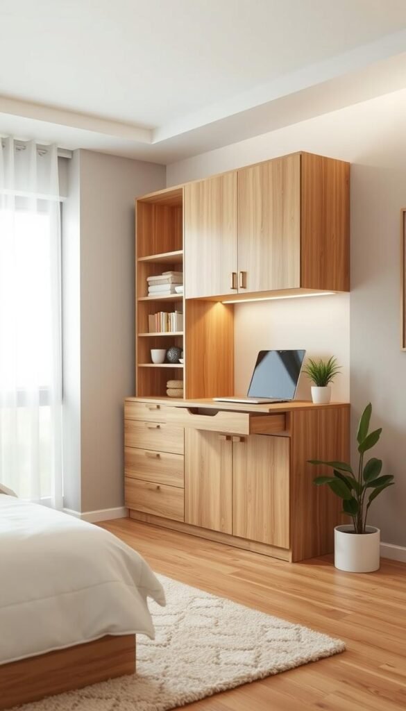 A cozy, well-lit bedroom with a multifunctional furniture piece as the focal point. The piece is a sleek, modern cabinet with integrated shelving, drawers, and a fold-down desk, all in a warm, natural wood finish. The cabinet is positioned against a neutral-toned wall, with a large window letting in soft, diffused lighting. The room has minimalist decor, with a plush area rug, a small potted plant, and a few personal items on the desk. The overall atmosphere is calming and inviting, highlighting the versatility and space-saving design of the multifunctional furniture.