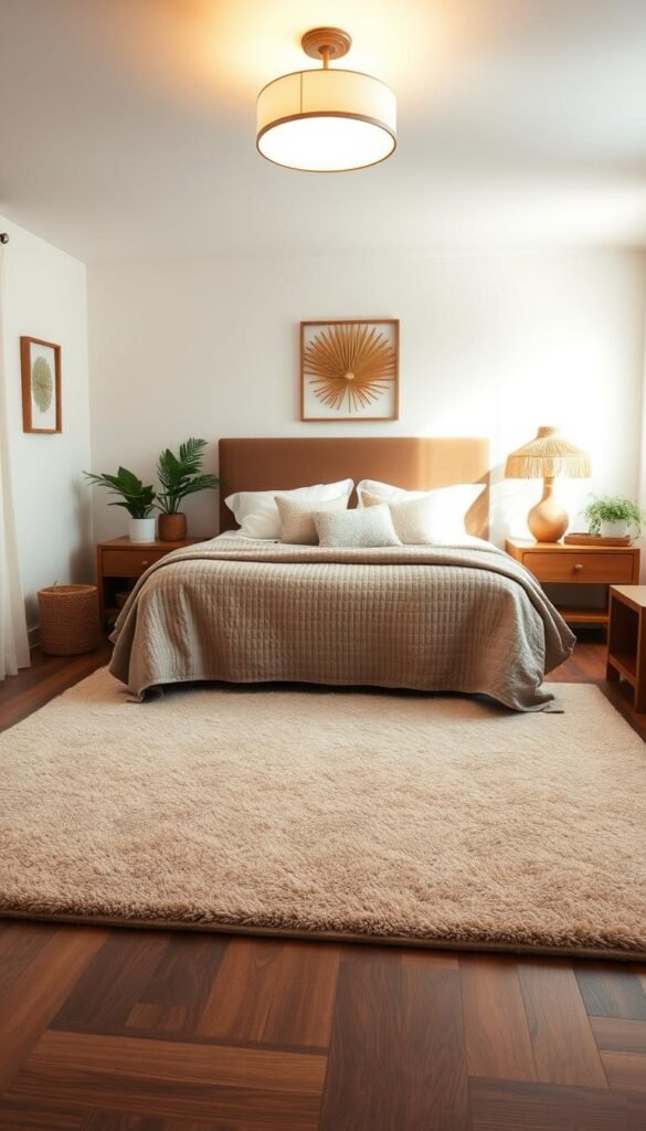 A cozy, well-lit bedroom with a plush, rectangular area rug that perfectly fits the space. The rug features a muted, earthy color palette with subtle patterns that add visual interest. The rug is positioned centrally in the room, anchoring the bed and nightstands. Soft, diffused lighting from a ceiling-mounted fixture casts a warm glow, creating an inviting and comfortable atmosphere. The room is decorated with natural elements, such as potted plants and wooden accents, further enhancing the cozy, organic feel. The composition emphasizes the harmonious relationship between the rug and the overall bedroom design, showcasing how the right-sized rug can instantly make a space feel more welcoming and complete.