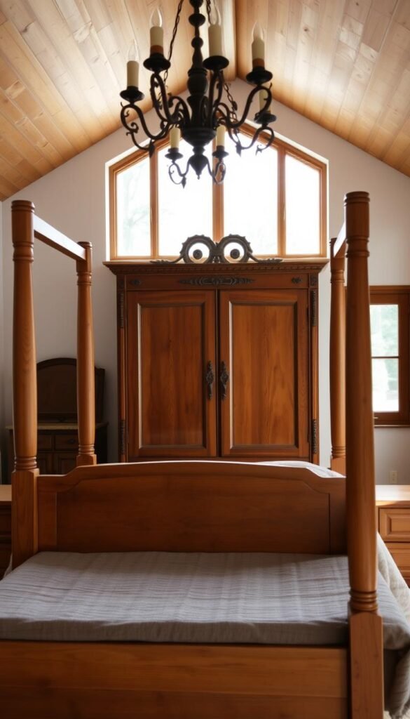 A cozy, well-lit bedroom with a rustic, natural aesthetic. In the foreground, a beautiful wooden four-poster bed, its smooth grain and warm tones creating a inviting focal point. Flanking the bed are matching bedside tables, their clean lines and subtle details complementing the bed's design. In the middle ground, a large wooden dresser with intricate carving stands tall, its rich hue adding depth and character to the space. Soft, diffused lighting from a hanging chandelier casts a gentle glow, highlighting the textures and patterns of the wooden furniture. The background features a large window, allowing natural light to stream in and creating a sense of airiness and connection to the outdoors. Overall, the scene evokes a harmonious, earthy atmosphere perfect for a relaxing, rejuvenating retreat. A cozy, well-lit bedroom with a rustic, natural aesthetic. In the foreground, a beautiful wooden four-poster bed, its smooth grain and warm tones creating a inviting focal point. Flanking the bed are matching bedside tables, their clean lines and subtle details complementing the bed's design. In the middle ground, a large wooden dresser with intricate carving stands tall, its rich hue adding depth and character to the space. Soft, diffused lighting from a hanging chandelier casts a gentle glow, highlighting the textures and patterns of the wooden furniture. The background features a large window, allowing natural light to stream in and creating a sense of airiness and connection to the outdoors. Overall, the scene evokes a harmonious, earthy atmosphere perfect for a relaxing, rejuvenating retreat.