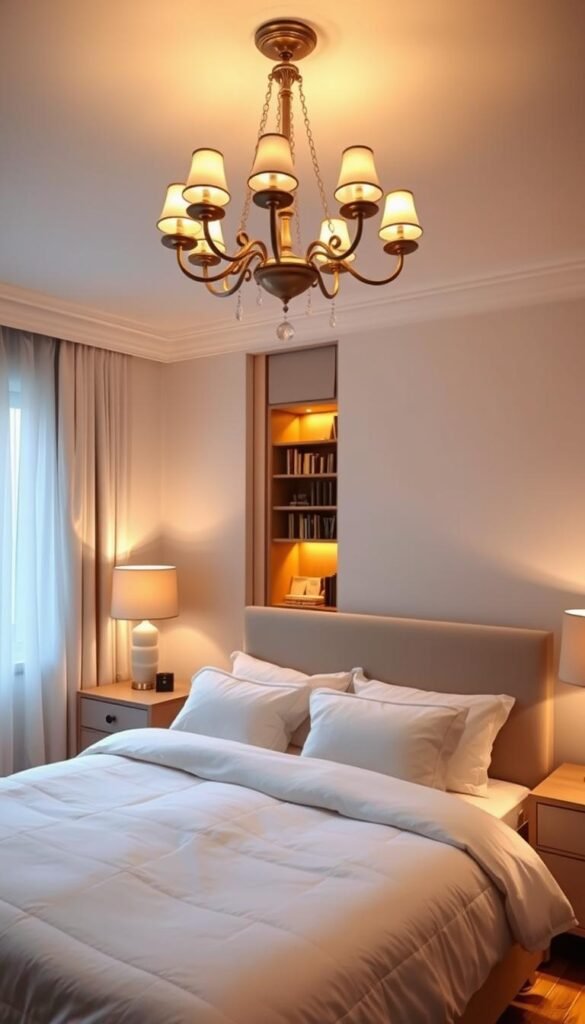 A cozy, well-lit bedroom with a warm, inviting atmosphere. Soft, diffused lighting from a chandelier casts a gentle glow, illuminating a plush king-size bed with crisp white linens and a fluffy duvet. Ambient light filters through sheer curtains, creating a dreamy, hazy effect. On the nightstands, lamps with fabric shades emit a comforting, low-level illumination. A floor-to-ceiling bookshelf in the corner is lit by discreet, recessed lighting, adding depth and texture to the space. The overall lighting design is harmonious, enhancing the soothing, serene mood of the bedroom.