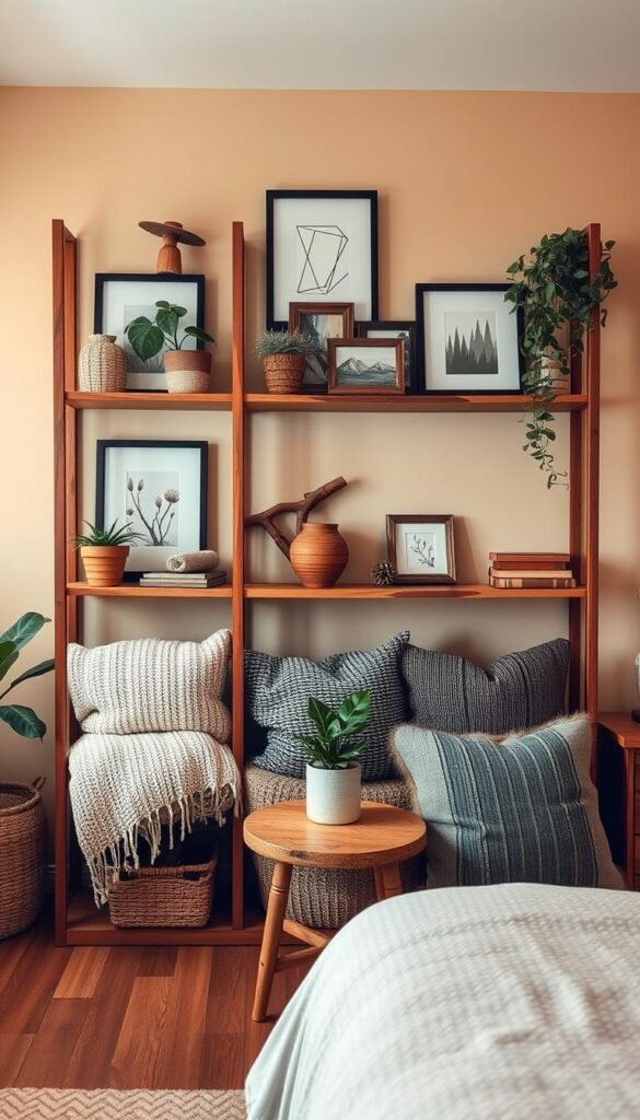 A cozy, well-lit bedroom with a wooden shelving unit in the foreground. The shelves are styled with various decorative items, including framed artwork, potted plants, and rustic accents. The middle ground features textured throw blankets, plush pillows, and a wooden side table, creating a layered, inviting atmosphere. In the background, a soft, warm-toned wall provides a harmonious backdrop, accentuating the overall sense of comfort and tranquility. The lighting is soft and diffused, creating a gentle, enveloping ambiance that highlights the textures and materials throughout the scene.