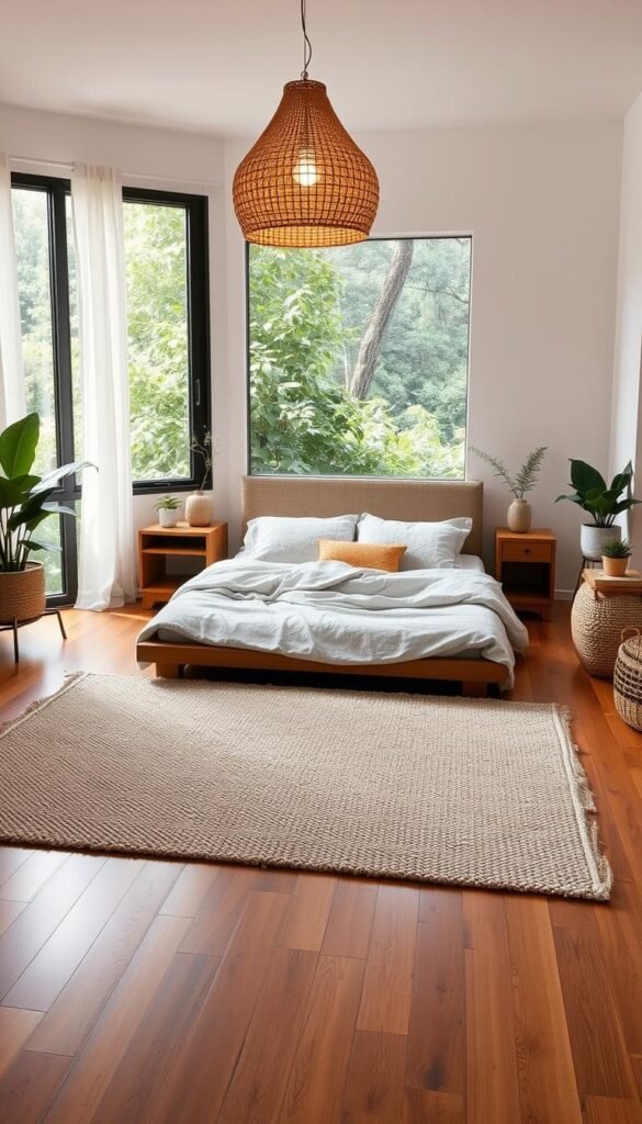 A cozy, well-lit bedroom with natural textures blending seamlessly. In the foreground, a plush, textured area rug with a subtle geometric pattern covers the hardwood floor. Arranged on the rug, a low wooden platform bed with a linen headboard and matching bedding, creating a warm, inviting atmosphere. In the middle ground, a woven rattan pendant light casts a soft, ambient glow, complementing the natural textures. Wooden nightstands with potted plants and a woven basket add to the organic feel. In the background, a large window overlooks a lush, verdant view, allowing natural light to filter in and accentuate the natural elements throughout the space.