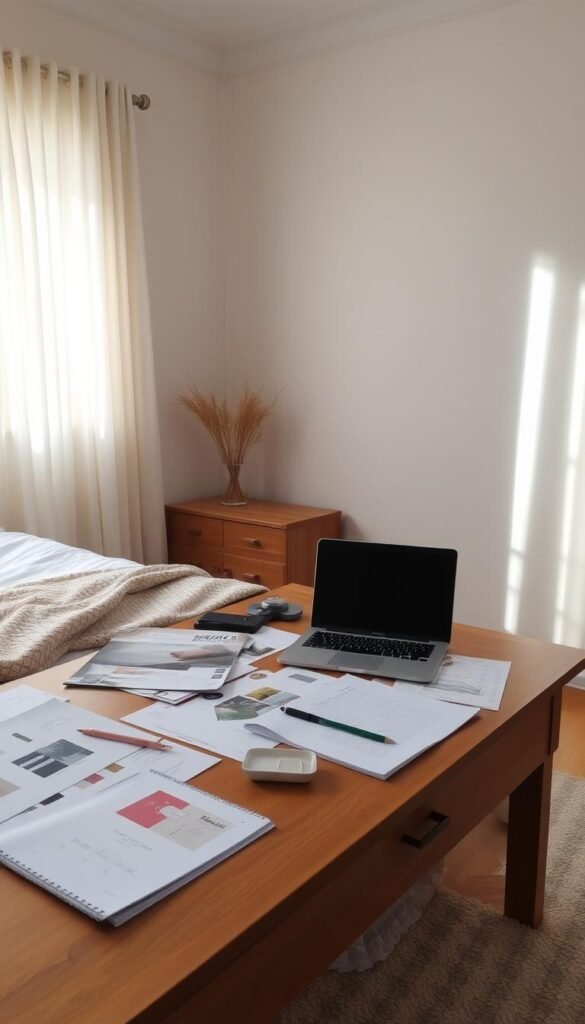 A cozy, well-lit bedroom with soft, natural lighting filtering through sheer curtains. On a wooden desk, a laptop, notepad, and various design materials like swatches, mood boards, and sketches are neatly arranged, hinting at the planning process for a bedroom makeover. The walls are a calming neutral shade, allowing the focus to be on the planning considerations. The overall atmosphere is one of thoughtful organization and inspiration, setting the stage for a successful bedroom transformation.
