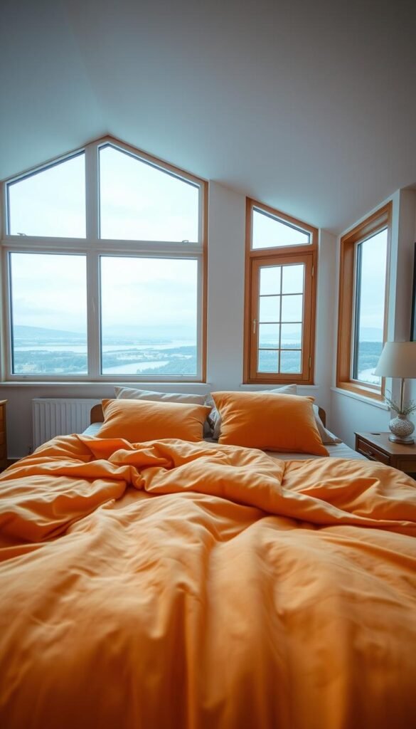 A cozy, well-lit bedroom with three distinct color temperature zones: a warm, inviting foreground with a plush, golden-hued duvet and pillows; a neutral middle ground with clean, crisp white walls and natural wood accents; and a cool, serene background featuring a large window overlooking a calming, blue-tinted landscape. The scene is captured with a wide-angle lens, emphasizing the harmonious balance of the different color temperatures and creating a sense of depth and atmosphere. The overall mood is one of tranquility and comfort, inviting the viewer to imagine themselves relaxing in this idyllic, personalized retreat.