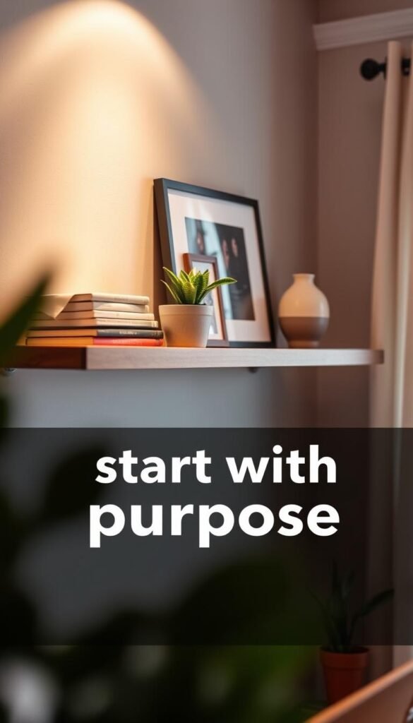 A cozy, well-lit home office interior, with a wooden floating shelf mounted on the wall. On the shelf, an array of carefully curated objects - a potted plant, a stack of books, a framed artwork, and a decorative ceramic vase. The lighting is soft and warm, creating a welcoming ambiance. The shelf is the focal point of the scene, showcasing the thoughtful arrangement of items that serve a purpose beyond just decoration. The background is blurred, keeping the attention on the purposefully styled shelf. The overall mood is one of tranquility and mindful living, reflecting the "start with purpose" theme of the article.