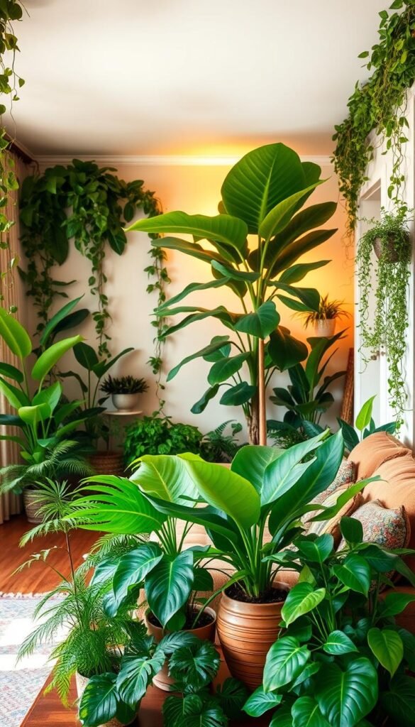 A cozy, well-lit living room with an abundance of lush, verdant indoor plants adorning the space. In the foreground, a variety of potted plants, including ferns, monstera, and snake plants, artfully arranged on a wooden side table. In the middle ground, a large fiddle-leaf fig tree stands tall, its broad leaves casting a gentle, natural shadow. Along the walls, trailing vines and hanging plants create a sense of depth and layered texture. The lighting is warm and inviting, illuminating the vibrant greens and creating a serene, spa-like ambiance. The overall composition evokes a harmonious blend of nature and refined living room decor, elevating the space with an organic, rejuvenating feel. A cozy, well-lit living room with an abundance of lush, verdant indoor plants adorning the space. In the foreground, a variety of potted plants, including ferns, monstera, and snake plants, artfully arranged on a wooden side table. In the middle ground, a large fiddle-leaf fig tree stands tall, its broad leaves casting a gentle, natural shadow. Along the walls, trailing vines and hanging plants create a sense of depth and layered texture. The lighting is warm and inviting, illuminating the vibrant greens and creating a serene, spa-like ambiance. The overall composition evokes a harmonious blend of nature and refined living room decor, elevating the space with an organic, rejuvenating feel.