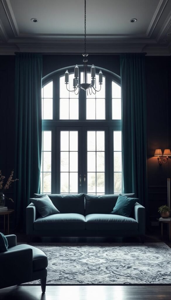 A cozy, well-lit living room with dark charcoal-colored walls. Elegant floor-to-ceiling curtains in a luxurious velvet fabric frame the large picture window, allowing natural light to filter in. The curtains are a rich shade of emerald green, complementing the moody ambiance of the room. A plush area rug in a complementary pattern anchors the space, and a sleek, modern sofa provides a comfortable seating area. Strategically placed lighting fixtures, such as a contemporary chandelier and wall sconces, create a warm, inviting atmosphere. The overall aesthetic is one of sophistication and understated elegance, perfectly balancing the dark walls with the carefully selected window treatments.
