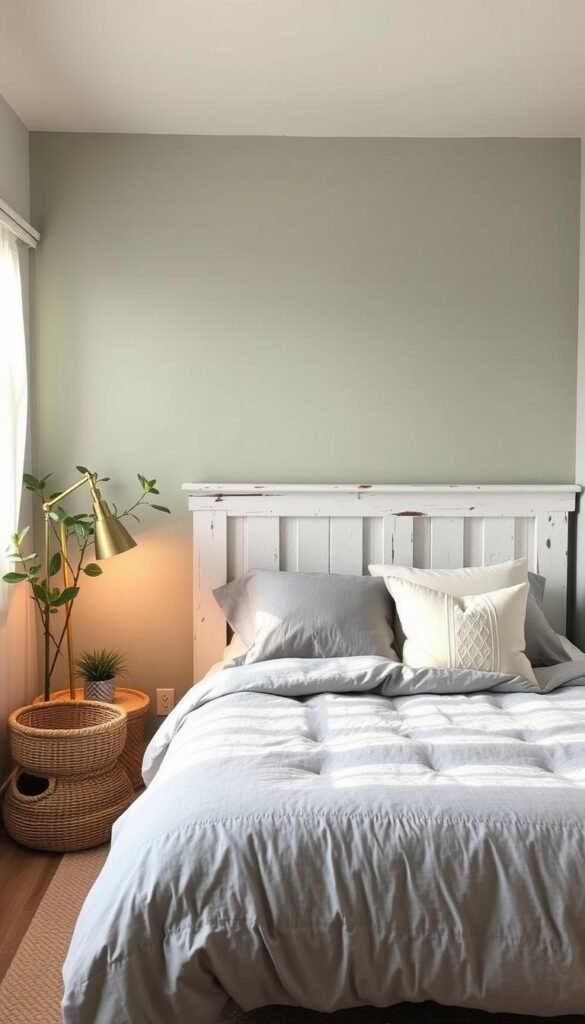 A cozy, well-lit small bedroom with a soft, inviting color palette that expands the space. Muted pastel hues of sage green, soft blue, and pale pink adorn the walls, complemented by plush gray bedding and a distressed white wood headboard. Subtle lighting from a brass floor lamp and a sheer-curtained window creates a warm, calming ambiance. The clean, minimalist design features natural textures like woven baskets and potted plants, blending seamlessly to craft a serene, spacious-feeling retreat.
