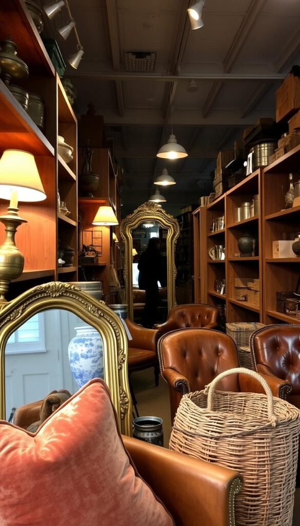 A cozy, well-lit vintage thrift store, its wooden shelves and cabinets brimming with an eclectic array of treasures - antique brass lamps, tarnished silver trays, weathered wooden crates, and worn-in leather armchairs. Soft, directional lighting from overhead fixtures casts a warm glow, highlighting the character and patina of these one-of-a-kind finds. In the foreground, a mix of textures and materials - a plush velvet pillow, a delicate porcelain vase, and a rustic woven basket - arranged in a visually appealing vignette. The middle ground features a large, ornate vintage mirror, its gilded frame reflecting the scene. In the background, shadowy silhouettes of additional shelves and cabinets, hinting at the endless possibilities for unique home decor discoveries. A cozy, well-lit vintage thrift store, its wooden shelves and cabinets brimming with an eclectic array of treasures - antique brass lamps, tarnished silver trays, weathered wooden crates, and worn-in leather armchairs. Soft, directional lighting from overhead fixtures casts a warm glow, highlighting the character and patina of these one-of-a-kind finds. In the foreground, a mix of textures and materials - a plush velvet pillow, a delicate porcelain vase, and a rustic woven basket - arranged in a visually appealing vignette. The middle ground features a large, ornate vintage mirror, its gilded frame reflecting the scene. In the background, shadowy silhouettes of additional shelves and cabinets, hinting at the endless possibilities for unique home decor discoveries.
