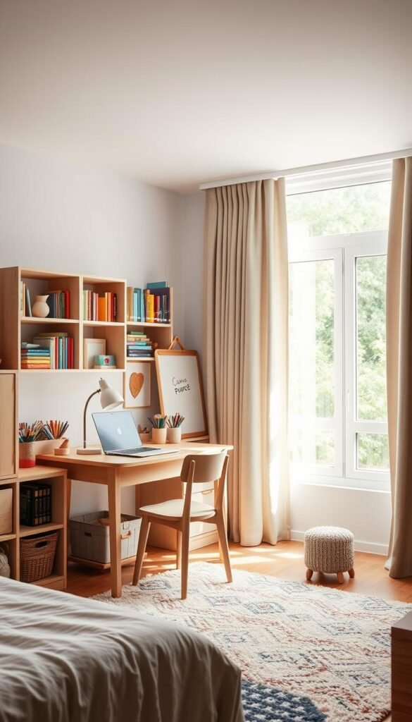 A cozy, well-organized kids' bedroom with a dedicated homework and craft zone. In the foreground, a wooden desk with a comfortable chair and various art supplies, including colored pencils, markers, and a sketchpad. On the desk, a laptop and a lamp provide ample lighting for focused work. In the middle ground, bookshelves filled with colorful books and a small whiteboard or corkboard for inspirational notes and reminders. The background features a large window that floods the room with natural light, creating a bright and airy atmosphere. Soft, textured curtains and a plush, patterned rug add warmth and coziness to the space. The overall vibe is one of productivity, creativity, and a nurturing environment for a child's development. A cozy, well-organized kids' bedroom with a dedicated homework and craft zone. In the foreground, a wooden desk with a comfortable chair and various art supplies, including colored pencils, markers, and a sketchpad. On the desk, a laptop and a lamp provide ample lighting for focused work. In the middle ground, bookshelves filled with colorful books and a small whiteboard or corkboard for inspirational notes and reminders. The background features a large window that floods the room with natural light, creating a bright and airy atmosphere. Soft, textured curtains and a plush, patterned rug add warmth and coziness to the space. The overall vibe is one of productivity, creativity, and a nurturing environment for a child's development.