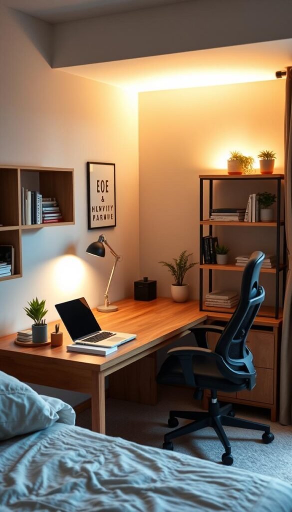 A cozy, well-organized study station in a spare bedroom. A large wooden desk with clean lines and ample workspace, accented by modern task lighting. On the desk, a laptop, a stack of books, and a minimalist pen cup. Shelves along the walls hold reference materials and decorative plants, creating a serene atmosphere. Warm, diffused lighting from a nearby window illuminates the space, complemented by subtle ambient lighting. The room's neutral color palette of beige, gray, and natural wood tones evokes a sense of focus and productivity. An ergonomic chair completes the setup, positioned to provide a comfortable, distraction-free environment for study or work. A cozy, well-organized study station in a spare bedroom. A large wooden desk with clean lines and ample workspace, accented by modern task lighting. On the desk, a laptop, a stack of books, and a minimalist pen cup. Shelves along the walls hold reference materials and decorative plants, creating a serene atmosphere. Warm, diffused lighting from a nearby window illuminates the space, complemented by subtle ambient lighting. The room's neutral color palette of beige, gray, and natural wood tones evokes a sense of focus and productivity. An ergonomic chair completes the setup, positioned to provide a comfortable, distraction-free environment for study or work.