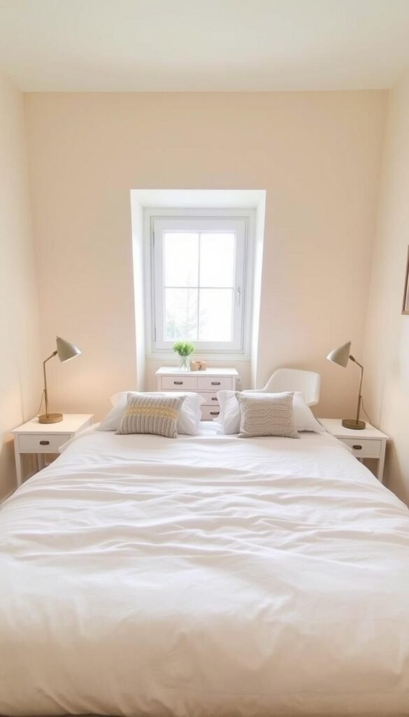 A cozy, well-planned bedroom with a minimalist, Scandinavian-inspired aesthetic. In the foreground, a neatly made bed with simple white linens and a few accent pillows. On the bedside tables, a pair of modern table lamps cast a warm, soft light. In the middle ground, a compact, light-colored dresser and a small armchair create a functional, yet stylish seating area. The background features a neutral-toned wall, with a large window allowing natural light to stream in, illuminating the space. The overall mood is one of calm, organization, and a touch of Scandinavian charm, reflecting a budget-friendly, yet visually appealing bedroom design.