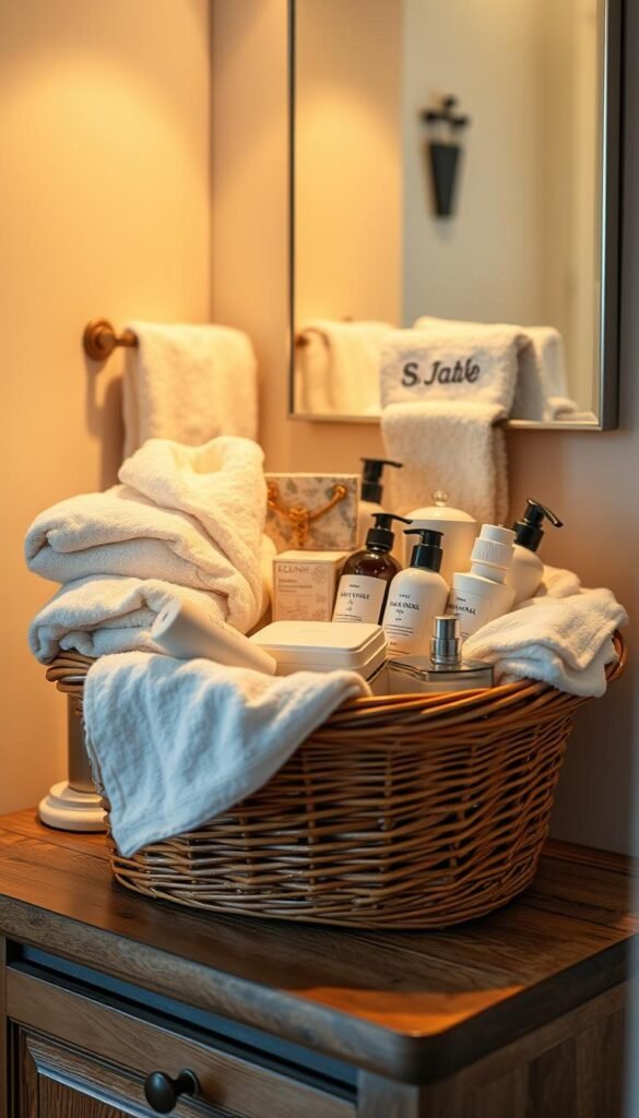 A cozy, well-stocked guest bathroom with a wicker basket brimming with essential toiletries. The basket sits atop a rustic wooden vanity, its contents neatly organized - fluffy towels, plush robes, luxurious soaps, and an assortment of high-quality personal care products. Soft, warm lighting casts a comforting glow, creating an inviting atmosphere. The scene evokes a sense of thoughtful hospitality, ready to welcome visitors with everything they might need for a relaxing and indulgent stay. The composition is balanced, with the basket as the focal point, surrounded by complementary decor elements that enhance the overall ambiance.