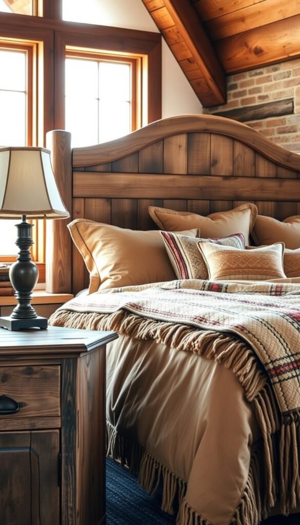 A cozy western-style bedroom with a plush, rustic bed and matching bedding. The headboard is made of weathered wood planks, and the bedding features a warm, earthy color palette with subtle patterns like Navajo or plaid. Soft, natural lighting filters in through large windows, casting a warm glow on the scene. Thick, woven blankets and pillows add to the inviting, cabin-like ambiance. In the foreground, a weathered wooden nightstand holds a vintage lamp, complementing the overall rustic aesthetic. The background features wooden beams and exposed brick, further enhancing the ranch-inspired feel.