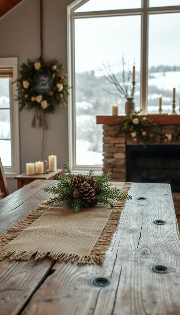 A cozy winter scene showcasing the natural elements that embody rustic charm. In the foreground, a weathered wooden table adorned with a burlap runner, pine cones, and sprigs of fragrant greenery. Behind it, a stone fireplace with a mantel decorated with candles, dried flowers, and a wreath woven from branches and berries. Through a large window, the soft, diffused light of an overcast sky illuminates the scene, casting a warm, inviting glow. In the background, a glimpse of a snowy landscape, with bare trees and rolling hills. The overall atmosphere is one of simple elegance and comforting, organic beauty.