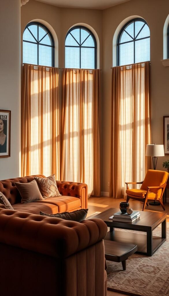 A cozy yet elegant living room, bathed in warm, soft lighting. In the foreground, a plush, button-tufted sofa in a rich, velvety fabric invites you to sink in and relax. Accent pillows in complementary hues add a touch of sophistication. A sturdy, yet stylish, wooden coffee table anchors the space, with a carefully curated arrangement of books and decorative objects. In the middle ground, a mid-century inspired armchair and matching side table create an intimate conversation area. The walls are adorned with framed artwork, casting dynamic shadows that add depth and character. The background features tall, arched windows that flood the room with natural light, revealing luxurious draperies in a shimmering, textured fabric. Overall, the scene exudes an atmosphere of refined comfort and timeless elegance.