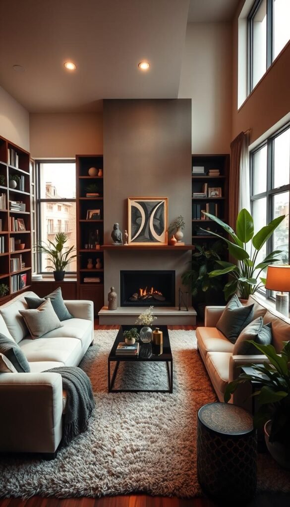 A cozy yet elegant living room with a warm, inviting atmosphere. A large, plush sofa with soft, neutral-toned upholstery sits atop a lush, textured area rug. Bookshelves and decorative items line the walls, creating a sense of refined sophistication. Soft, ambient lighting filters in through large windows, casting a gentle glow over the space. A central, modern fireplace mantle serves as the focal point, adorned with tasteful decor. Lush, verdant indoor plants add pops of vibrant color and a touch of nature. The room exudes a sense of refined comfort and intimate luxury, perfect for relaxing or entertaining.