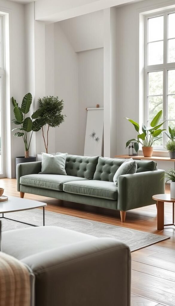 A cozy yet sophisticated living room scene, showcasing the Article Sanders velvet sofa in a muted sage green hue. The sofa takes center stage, its plush, button-tufted cushions and slender, tapered legs exuding Scandinavian minimalist charm. Soft, natural light filters in through large windows, illuminating the room's neutral color palette of whites, grays, and natural wood tones. Sleek, angular coffee tables and a low-profile entertainment unit complement the sofa, while lush potted plants and a textured area rug add warmth and depth. The overall atmosphere is one of understated elegance and relaxed refinement, perfectly capturing the essence of modern Scandinavian design.