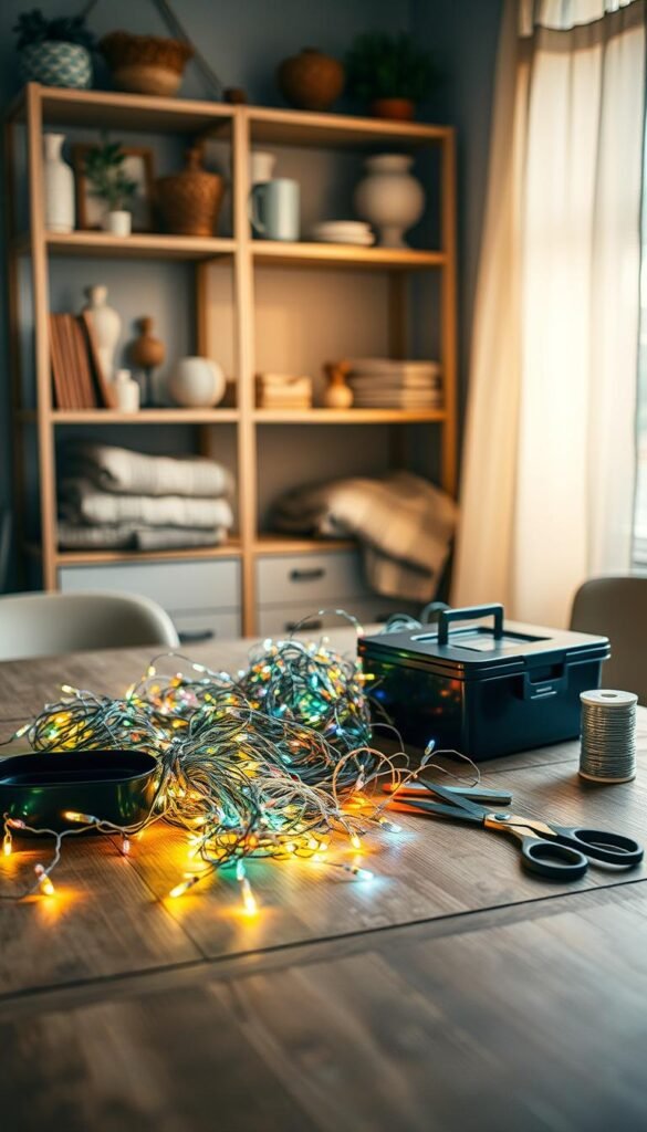 A cozy yet well-lit workspace. On a wooden table, an assortment of fairy lights in various colors and styles are neatly arranged, accompanied by a toolbox, scissors, and a spool of wire. The lighting is soft and warm, casting a gentle glow across the scene. In the background, shelves filled with decorative items and textiles create a harmonious, inviting atmosphere, suggesting a room where creativity and coziness intertwine. The overall composition conveys a sense of thoughtful preparation and the anticipation of transforming a space with the carefully selected fairy lights and tools.