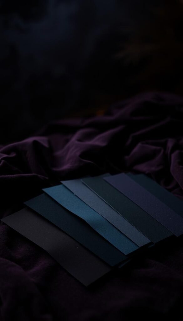 A dark, moody color palette selection sits atop a richly textured surface. In the foreground, various swatches of deep, saturated hues - inky blacks, sultry charcoals, and mysterious plums - are arranged in a harmonious display. Soft, ambient lighting casts a warm, cozy glow, creating an inviting and introspective atmosphere. In the middle ground, velvety textures and muted metallics add depth and complexity, while the background fades into a shadowy, atmospheric void, allowing the focal palette to take center stage. This carefully curated color scheme evokes a sense of comfort, elegance, and a touch of mystique, perfectly suited for a moody, cozy bedroom space.