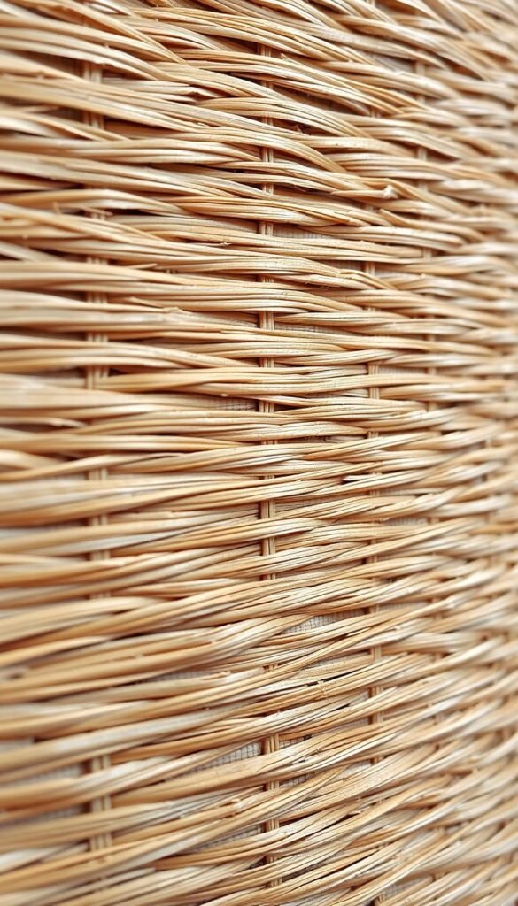 A detailed, high-resolution photograph of a natural grasscloth texture with a tight, interwoven weave pattern. The material appears lush and tactile, with variations in color and sheen that create a sense of depth and organic movement. The lighting is soft and diffuse, accentuating the textural qualities and creating a warm, inviting atmosphere. The frame captures the texture in close-up, filling the frame and showcasing the intricate details of the weave. The overall impression is one of luxury, sophistication, and a connection to the natural world.