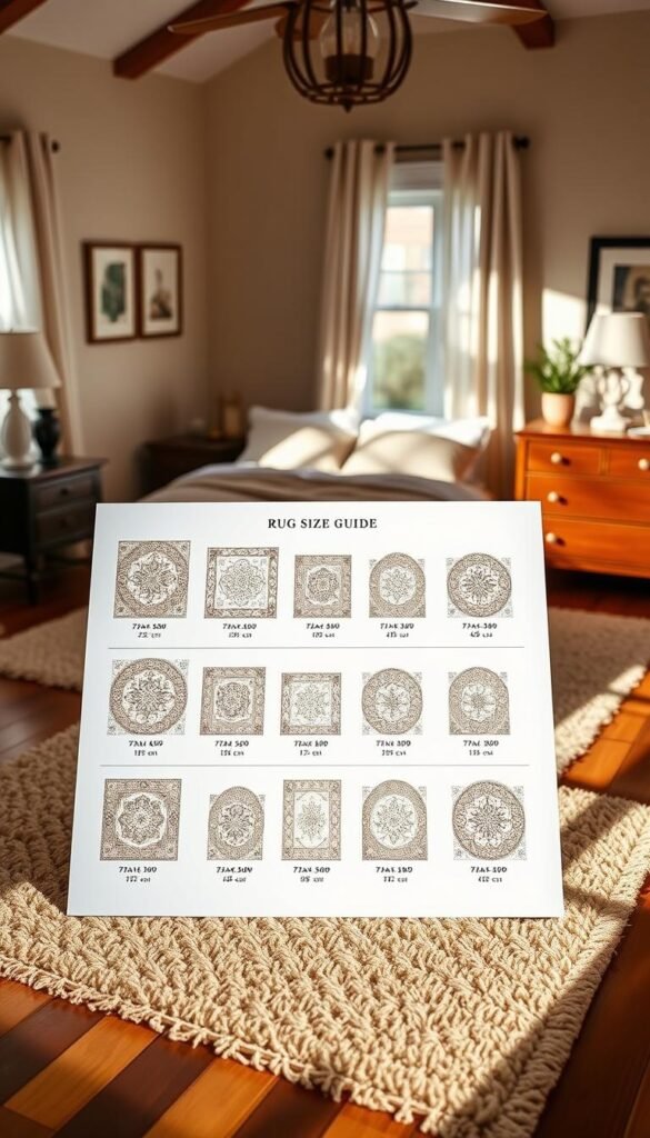 A detailed rug size guide displayed in a warm, inviting bedroom setting. The guide shows various rug dimensions alongside furniture pieces like a bed, nightstand, and dresser, illustrating how different rug sizes can complement a space. The lighting is soft and natural, emanating a cozy, relaxing atmosphere. The angle captures the guide at eye level, allowing the viewer to easily visualize the scale and proportion of the rug in relation to the room's furnishings. The scene exudes a sense of comfort and practicality, guiding the viewer on how to find the right rug size for their personal bedroom oasis.