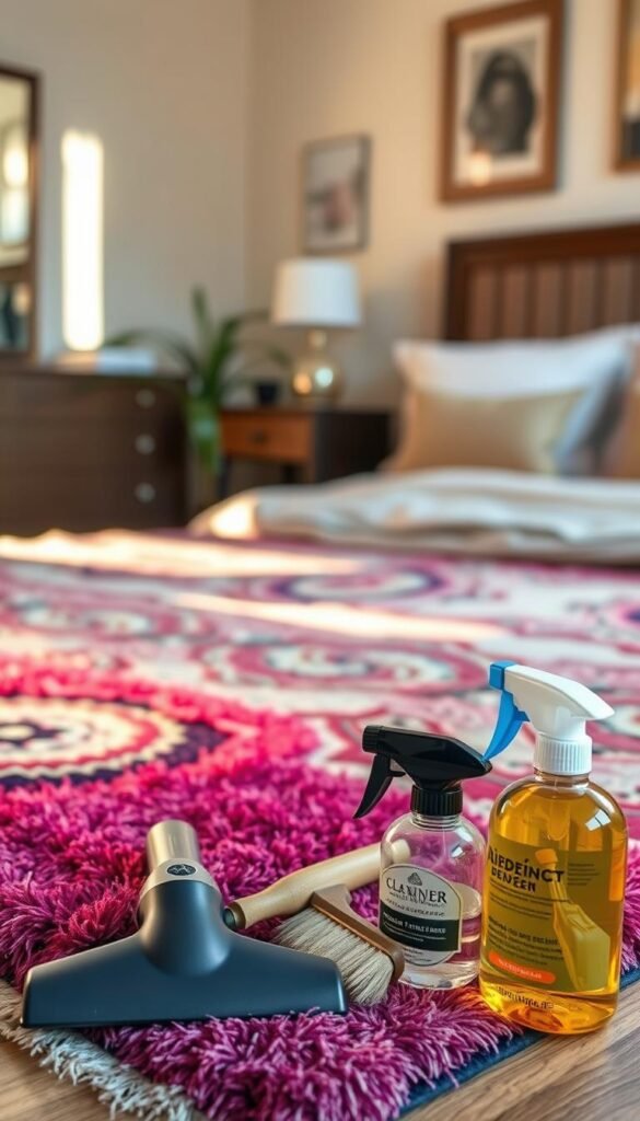 A detailed, well-lit photograph of a cozy bedroom rug, showcasing various tips for rug maintenance and care. The rug is the central focus, taking up the majority of the frame, with a slight perspective angle to highlight its plush texture and vibrant colors. The background is softly blurred, suggesting a serene, comfortable bedroom setting. The lighting is natural, casting warm, gentle shadows that accentuate the rug's intricate patterns and fibers. In the foreground, there are several household items, such as a vacuum cleaner, a brush, and a bottle of rug cleaner, arranged in a visually appealing manner to demonstrate different cleaning and maintenance techniques. The overall mood is one of tranquility and practicality, inviting the viewer to imagine how to properly care for their own bedroom rug.