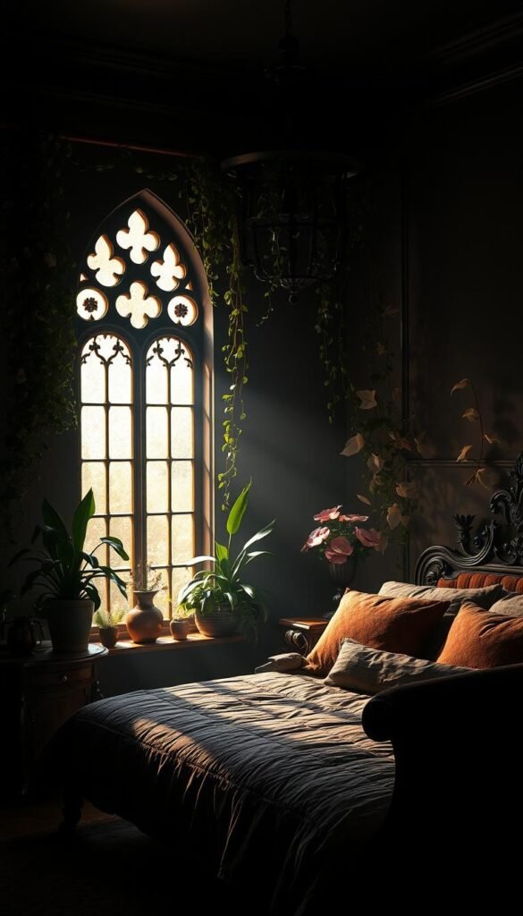 A dim, moody bedroom with lush, trailing botanical accents. Overflowing vines and potted plants cast dramatic shadows on the walls, creating a captivating, atmospheric scene. Soft, filtered light filters in through ornate, gothic-inspired windows, casting a warm, amber glow. Textured, richly colored fabrics and ornate, antique-inspired furniture add to the moody, romantic ambiance. The overall composition evokes a sense of natural, wild beauty within an intimate, cozy space.