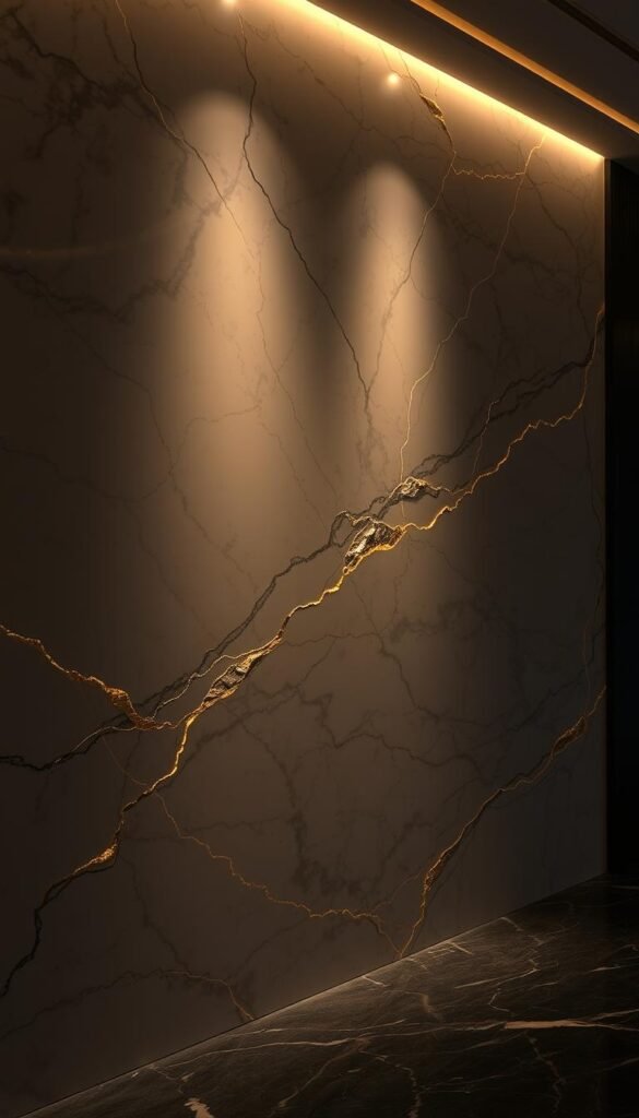 A dimly lit, backlit marble wall adorned with intricate artistic inlays, casting a warm, ethereal glow across the luxurious living space. The veined marble surface reflects the soft, diffused lighting, creating a captivating interplay of light and shadow. Delicate, curated inlays of precious metals, stone, or glass are meticulously embedded within the marble, forming a mesmerizing pattern that draws the eye deeper into the composition. The overall atmosphere is one of understated elegance, where the interplay of light and materiality elevates the space to a realm of refined sophistication.