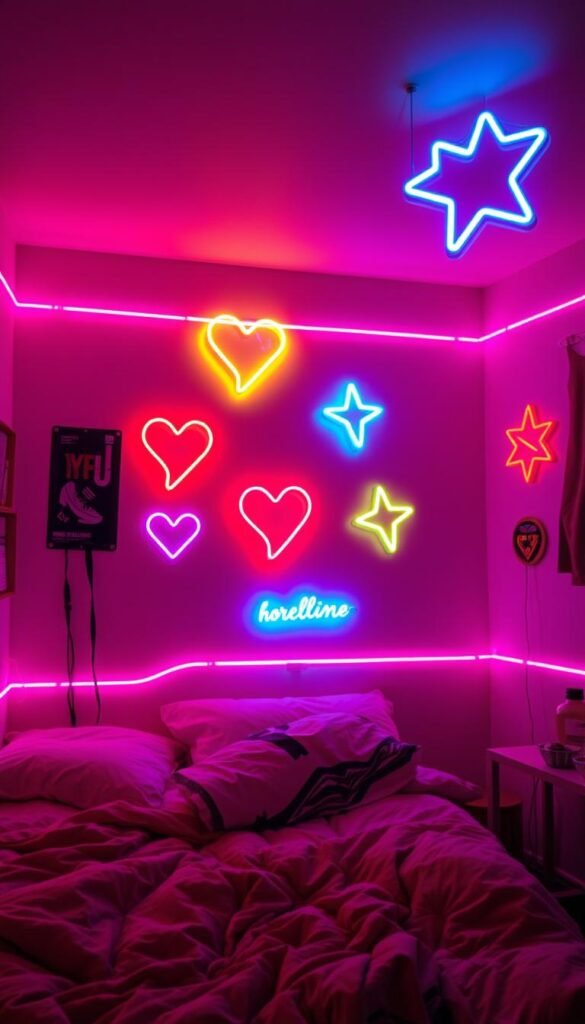 A dimly lit bedroom in the style of the Y2K era, with vibrant LED light strips lining the walls, casting a warm, nostalgic glow across the space. Neon signs in playful, retro shapes and colors - like hearts, stars, and geometric patterns - illuminate the scene, creating a captivating, futuristic ambiance. The lighting is balanced, with a soft, diffused quality, as if seen through a hazy lens. The overall atmosphere is one of youthful energy and a touch of whimsy, evoking the technological optimism and visual aesthetics of the early 2000s.