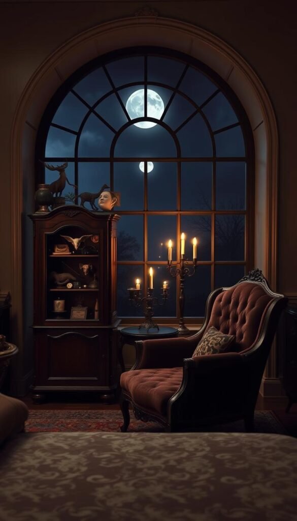 A dimly lit, gothic-inspired bedroom showcases a curated display of curiosities. In the foreground, an ornate, antique-style cabinet stands as the centerpiece, housing a collection of peculiar objects: taxidermy specimens, vintage medical instruments, and mysterious artifacts. The middle ground features a plush, velvet-upholstered armchair and a small side table topped with a flickering candelabra, casting a warm, atmospheric glow. In the background, a large, arched window frames a moonlit, shadowy landscape, adding to the sense of mystery and enchantment. The overall scene evokes a sense of wonder and a palpable air of the macabre, inviting the viewer to explore the secrets within.