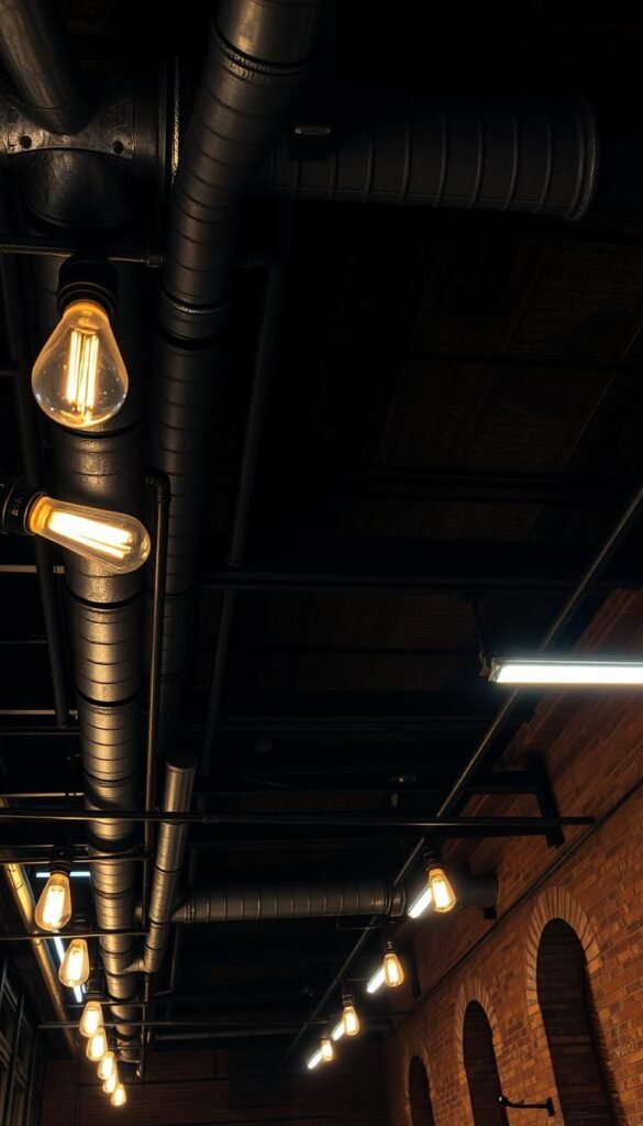A dimly lit industrial ceiling design with exposed ductwork, steel beams, and weathered brick walls. The lighting is a mix of warm Edison bulbs and cool fluorescent tubes, casting a moody, urban atmosphere. The foreground features intricate metal pipe supports and a network of electrical conduits, while the middle ground showcases the rugged, textured ceiling panels. In the background, the distant corners are shrouded in shadow, hinting at the expansive scale of the space. This design evokes a sense of raw, unfinished elegance, blending the utilitarian with the aesthetically pleasing.