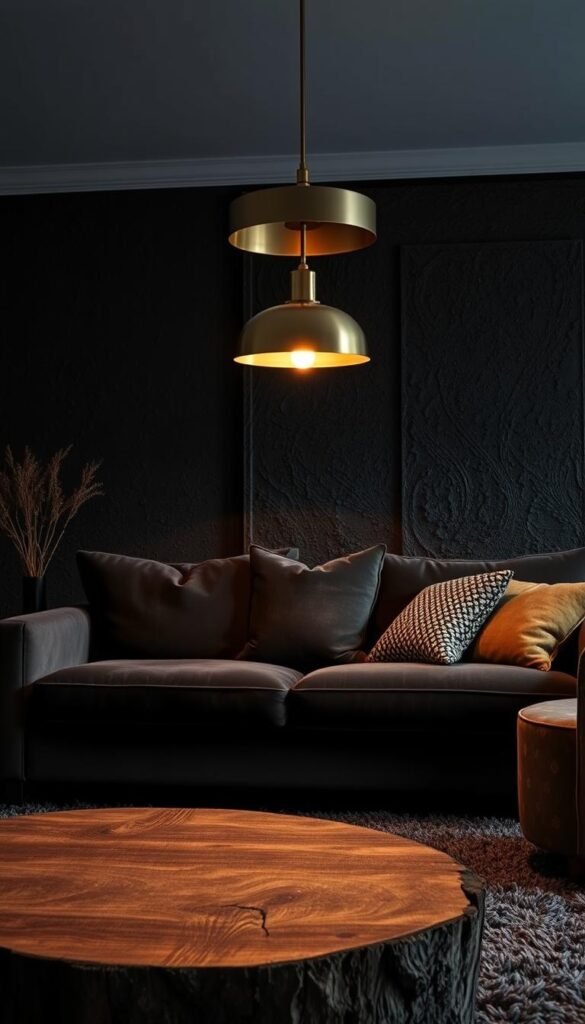 A dimly lit living room showcases a curated blend of captivating textures. In the foreground, a plush velvet sofa in a deep charcoal hue commands attention, its inviting softness contrasted by the rugged, weathered appearance of a wooden coffee table. Overhead, a sleek, metal pendant light casts a warm, golden glow, highlighting the interplay of matte and glossy finishes on the surrounding decor. In the middle ground, a shaggy, charcoal-colored rug adds depth and visual interest, while the background features a textured, charcoal-toned accent wall, its subtle patterns and tones creating a sense of depth and dimension. The overall atmosphere is one of cozy sophistication, where the strategic use of varied textures elevates the space and wards off any potential flatness or monotony.
