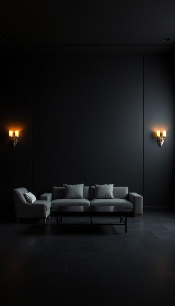 A dimly lit, luxurious studio backdrop with sleek, matte black walls that exude a sense of refined elegance. Soft, warm lighting from sconces casts a subtle glow, highlighting the depth and richness of the color. The walls are free of any distractions, serving as a dramatic and captivating canvas for showcasing high-end decor and furnishings. A medium-wide angle lens captures the scene, emphasizing the expansive, gallery-like feel of the space. An atmosphere of sophistication and tranquility permeates the image, inviting the viewer to imagine a serene, chic living environment.