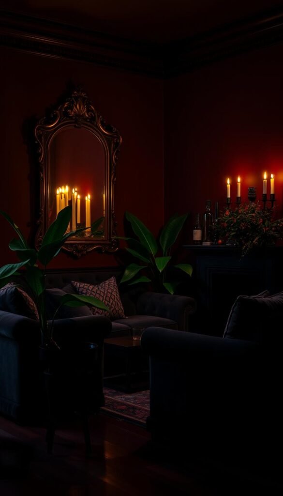 A dimly lit, moody living room bathed in a rich, dark color palette. The walls are painted in a deep, sultry shade of burgundy, while plush, charcoal-colored velvet furnishings dot the scene. A large, ornate mirror hangs on the wall, casting a soft, amber glow from the flickering candlelight. Lush, emerald-hued plants add pops of vibrant contrast, their leaves rustling gently in the muted, atmospheric lighting. Soft, indigo shadows stretch across the hardwood floor, creating a sense of depth and mystery. The overall mood is one of cozy, contemplative elegance, inviting the viewer to sink into the luxurious, enveloping space. A dimly lit, moody living room bathed in a rich, dark color palette. The walls are painted in a deep, sultry shade of burgundy, while plush, charcoal-colored velvet furnishings dot the scene. A large, ornate mirror hangs on the wall, casting a soft, amber glow from the flickering candlelight. Lush, emerald-hued plants add pops of vibrant contrast, their leaves rustling gently in the muted, atmospheric lighting. Soft, indigo shadows stretch across the hardwood floor, creating a sense of depth and mystery. The overall mood is one of cozy, contemplative elegance, inviting the viewer to sink into the luxurious, enveloping space.