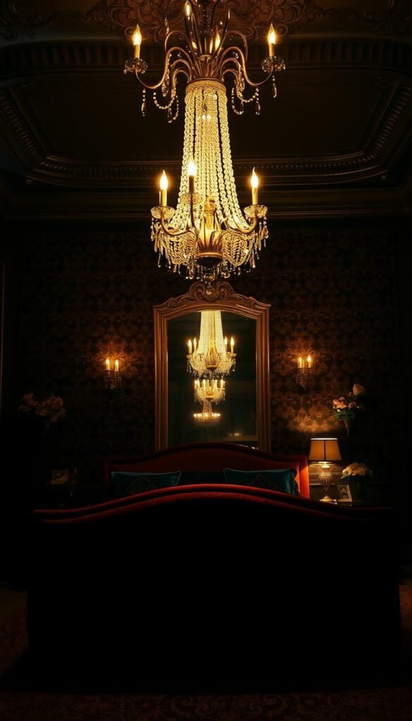 A dimly lit, opulent bedroom with a moody, sultry ambiance. In the foreground, a luxurious, low-profile bed with a plush, velvet headboard in a rich, jewel-toned color. Cascading from the ceiling, an elegant chandelier casts a warm, golden glow, casting dramatic shadows across the room. The walls are adorned with dark, ornate wallpaper, creating a sense of depth and sophistication. In the background, a large, gilded mirror reflects the soft, atmospheric lighting, adding an alluring sense of depth. Strategically placed sconces and table lamps emit a seductive, ambient light, complementing the overall baddie aesthetic.